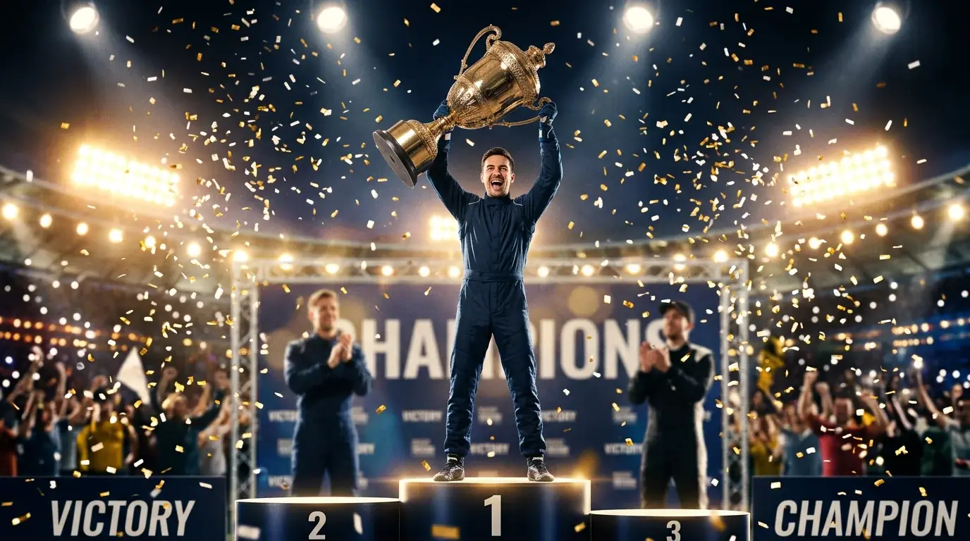 Formula 1 driver standing on the top step of a podium with championship trophy and confetti